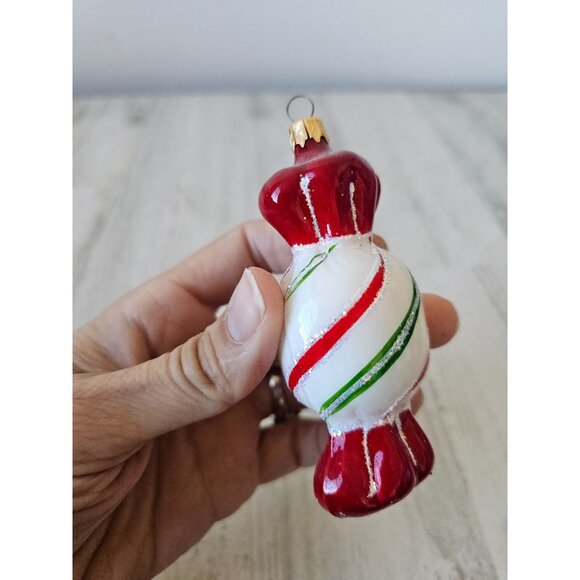 Glass candy ornament Columbia vintage Xmas red glitter peppermint tree - Picture 6 of 9